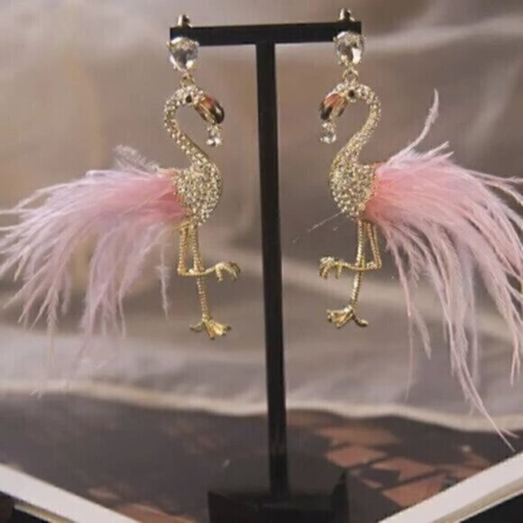 Unique Creative Flamingo Feather Design Dangle Earrings Alloy With Rhinestone - Picture 2 of 4